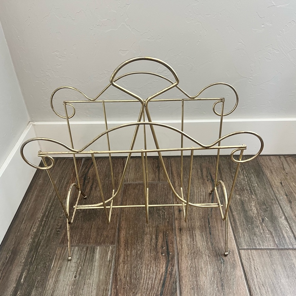 Vintage MCM Wire Magazine Rack/LP Records Holder Gold Metal - Picture 2 of 3